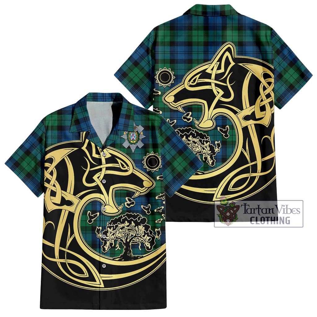 Black Watch Ancient Tartan Short Sleeve Button Shirt with Family Crest Celtic Wolf Style Kid - Tartan Vibes Clothing