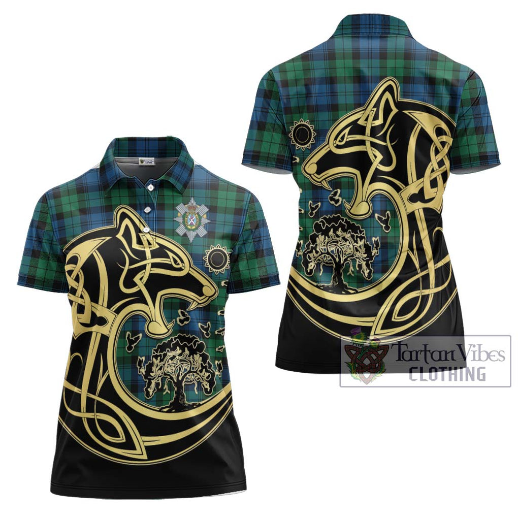 Black Watch Ancient Tartan Women's Polo Shirt with Family Crest Celtic Wolf Style Women - Tartanvibesclothing Shop