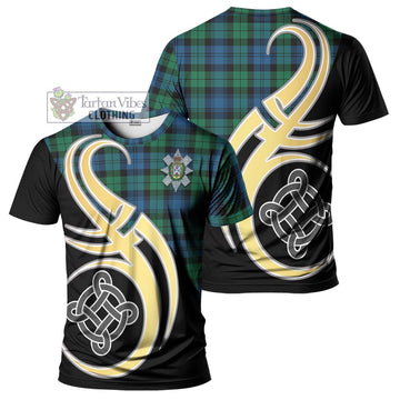 Black Watch Ancient Tartan T-Shirt with Family Crest and Celtic Symbol Style