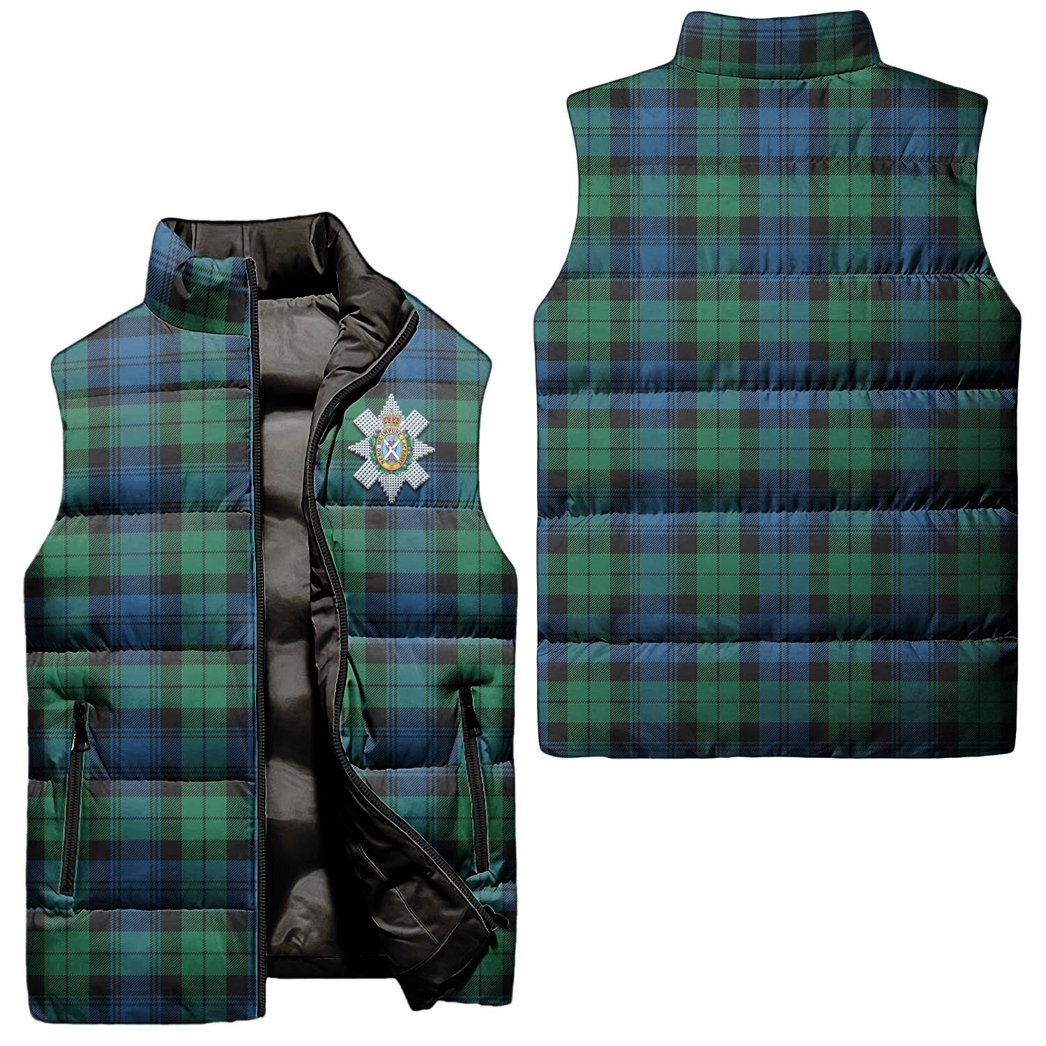 Black Watch Ancient Tartan Sleeveless Puffer Jacket with Family Crest Unisex - Tartanvibesclothing