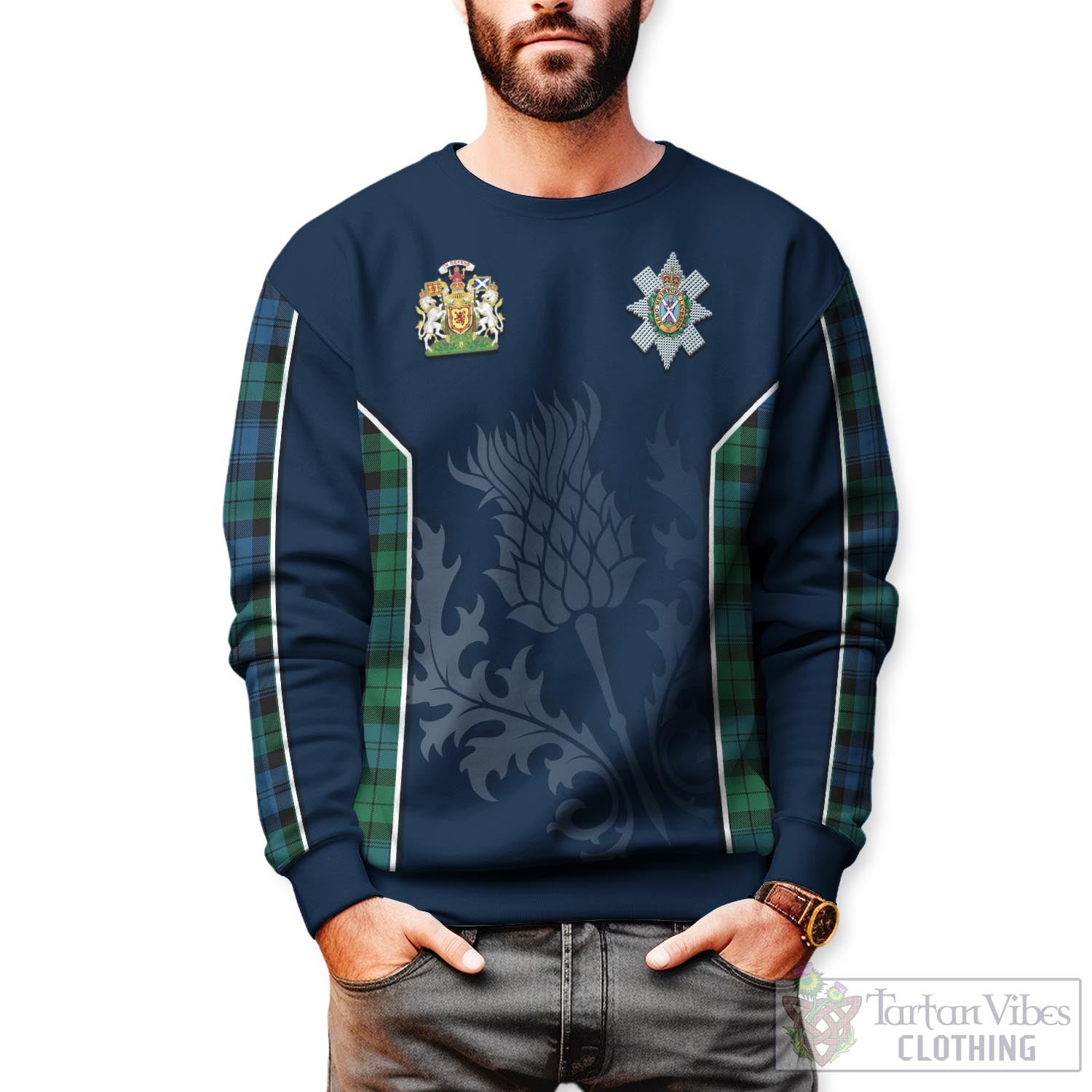 Tartan Vibes Clothing Black Watch Ancient Tartan Sweatshirt with Family Crest and Scottish Thistle Vibes Sport Style