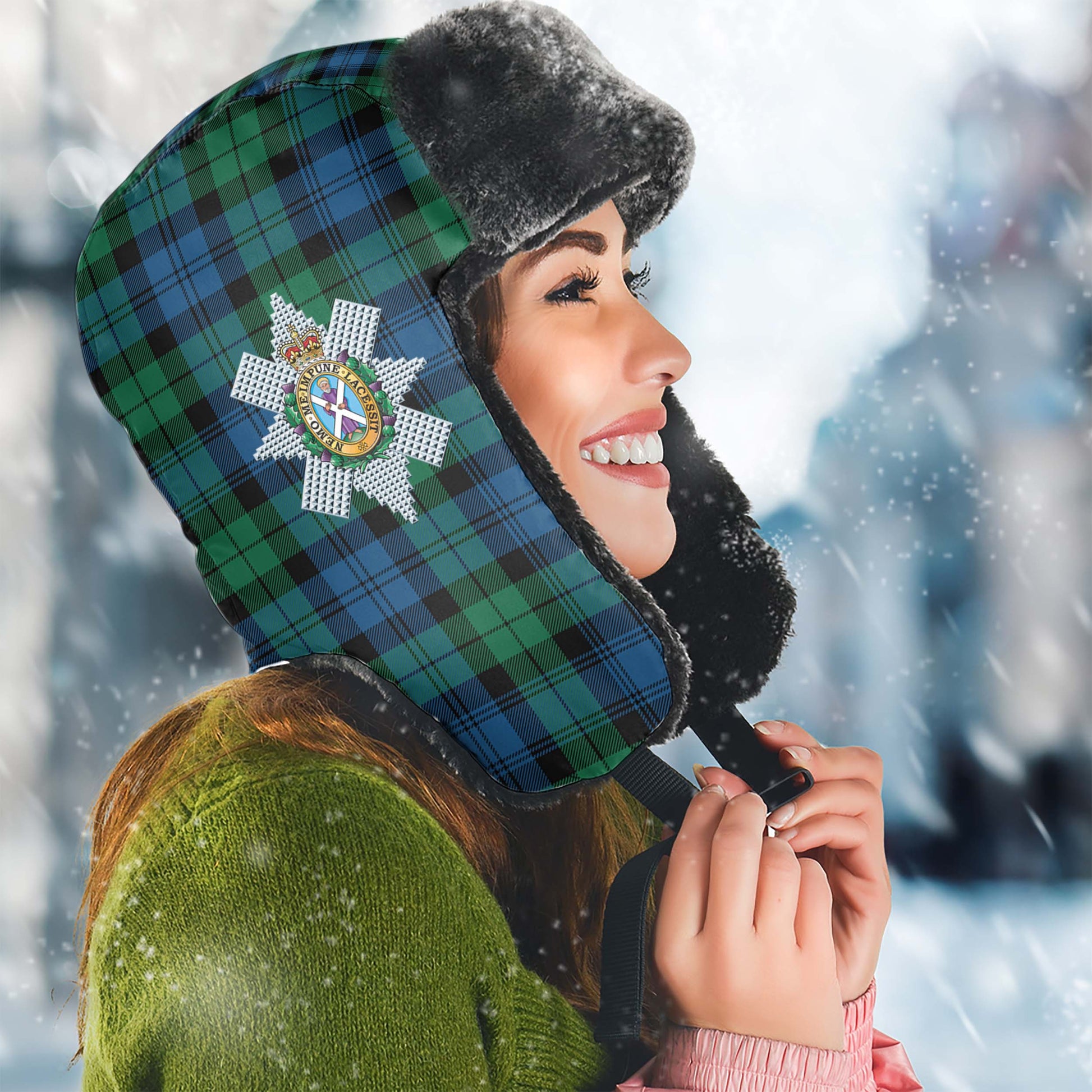 Black Watch Ancient Tartan Winter Trapper Hat with Family Crest Winter Trapper Hat Universal Fit Circumference 22.8in (58cm) - Tartanvibesclothing