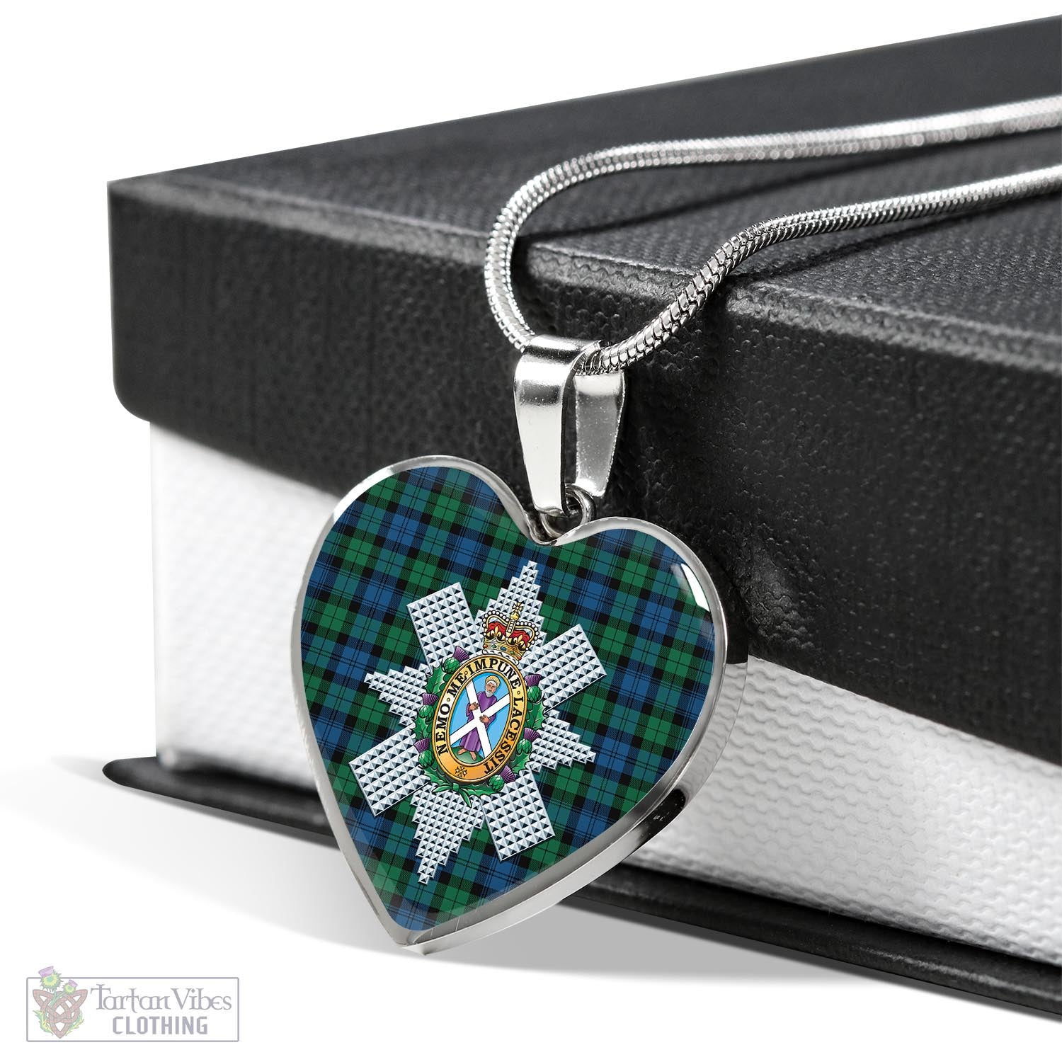 Tartan Vibes Clothing Black Watch Ancient Tartan Heart Necklace with Family Crest