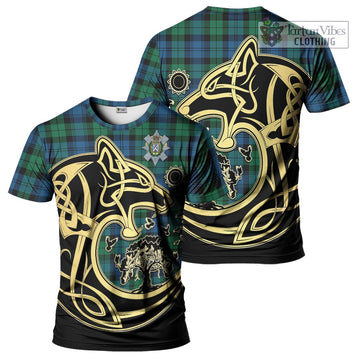 Black Watch Ancient Tartan T-Shirt with Family Crest Celtic Wolf Style