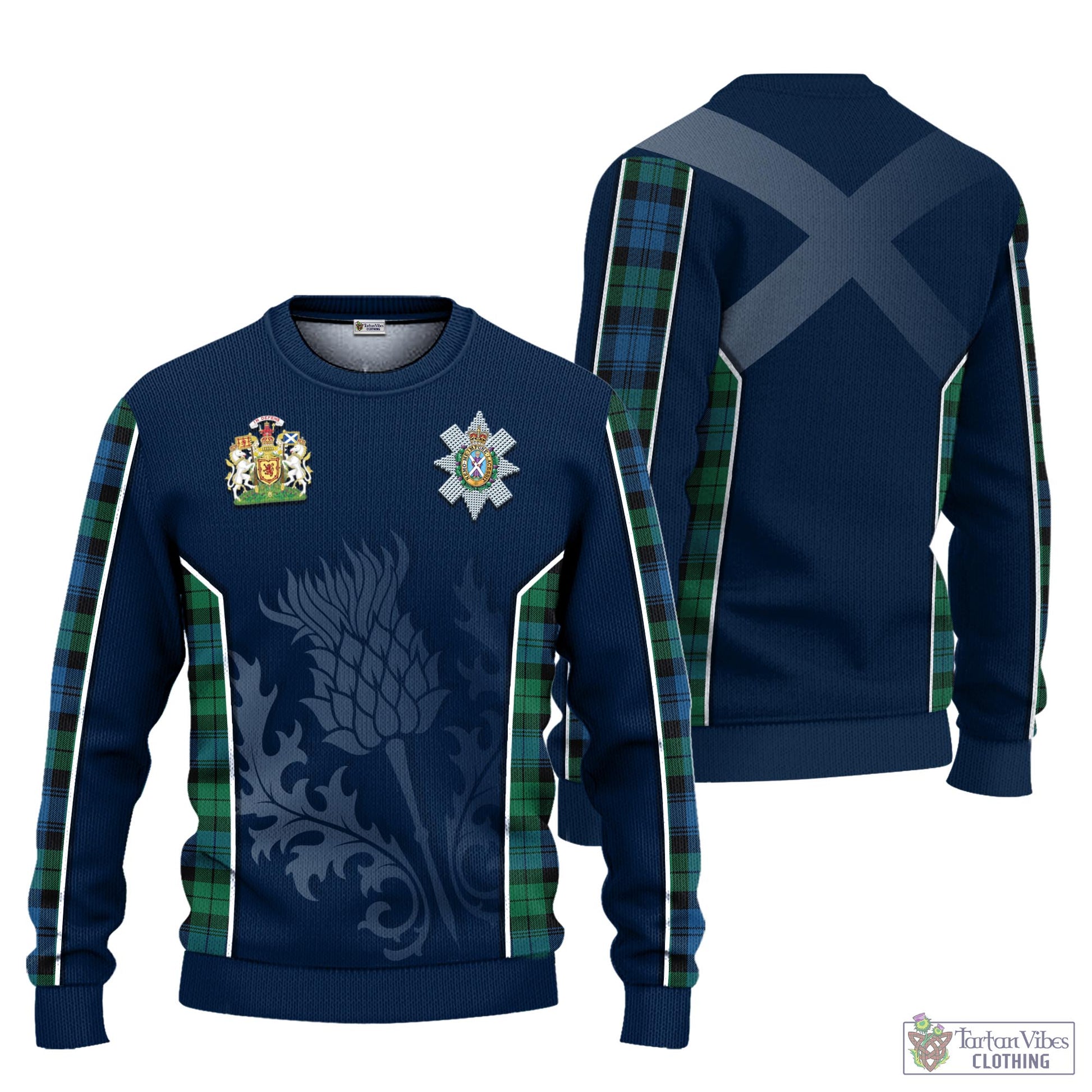 Tartan Vibes Clothing Black Watch Ancient Tartan Knitted Sweatshirt with Family Crest and Scottish Thistle Vibes Sport Style