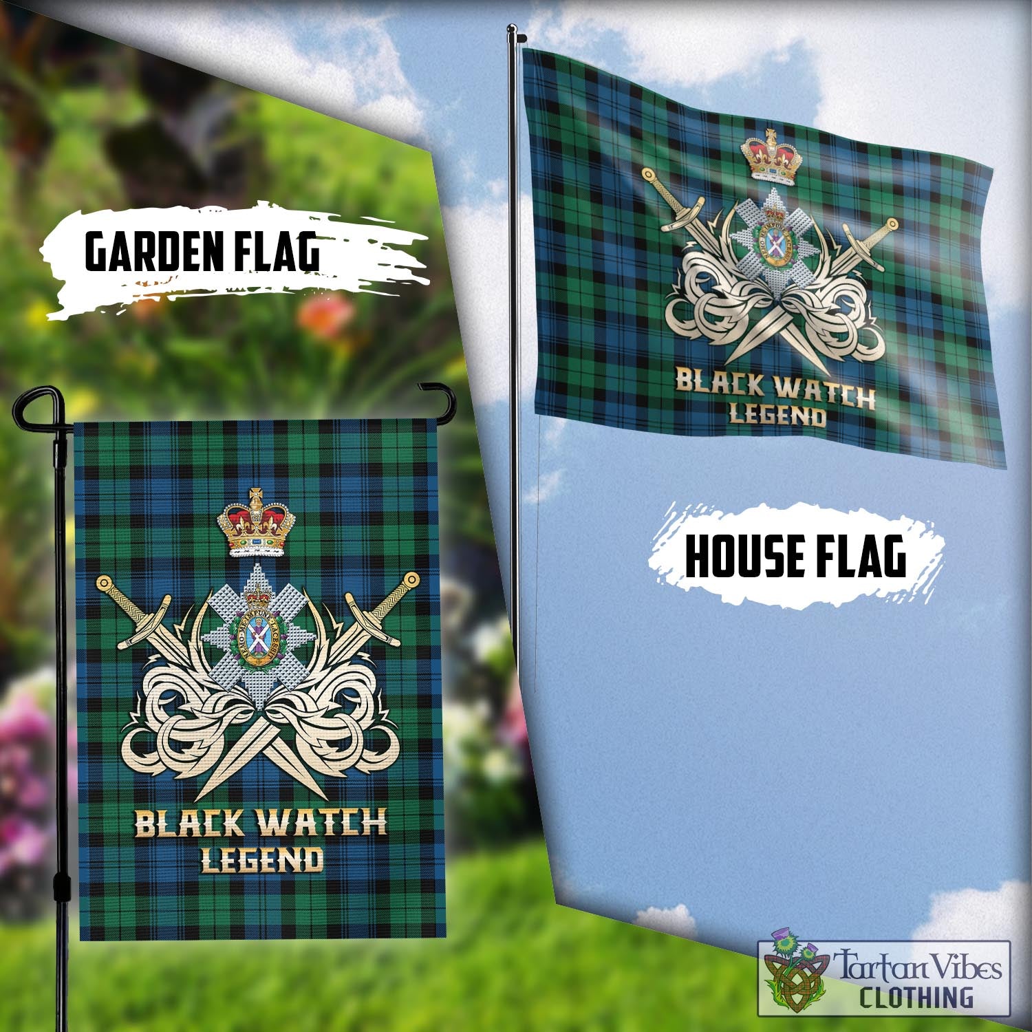 Tartan Vibes Clothing Black Watch Ancient Tartan Flag with Clan Crest and the Golden Sword of Courageous Legacy