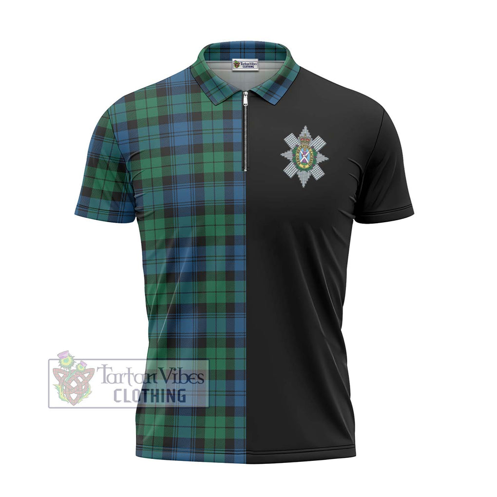 Black Watch Ancient Tartan Zipper Polo Shirt with Family Crest and Half Of Me Style - Tartanvibesclothing Shop