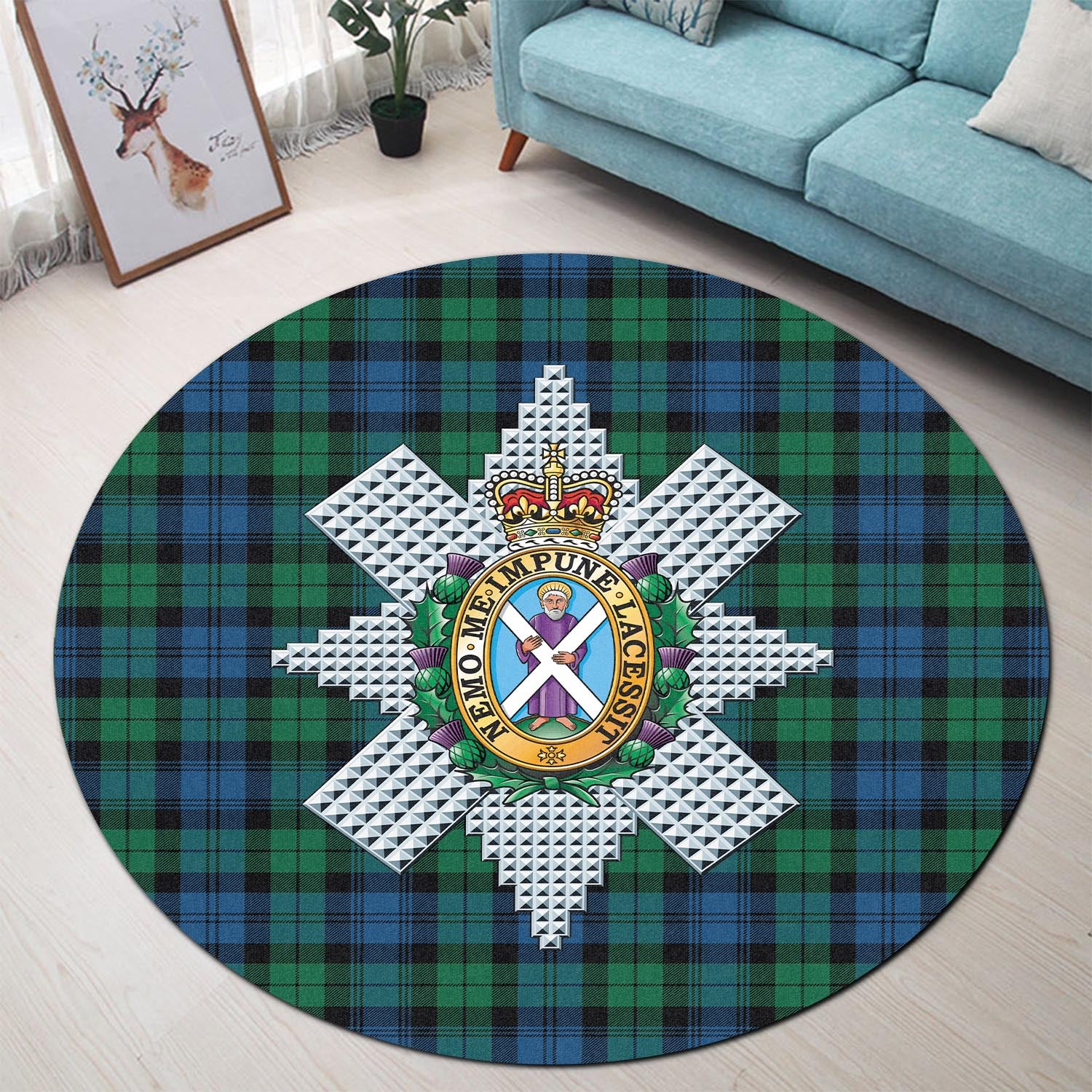 Black Watch Ancient Tartan Round Rug with Family Crest - Tartanvibesclothing