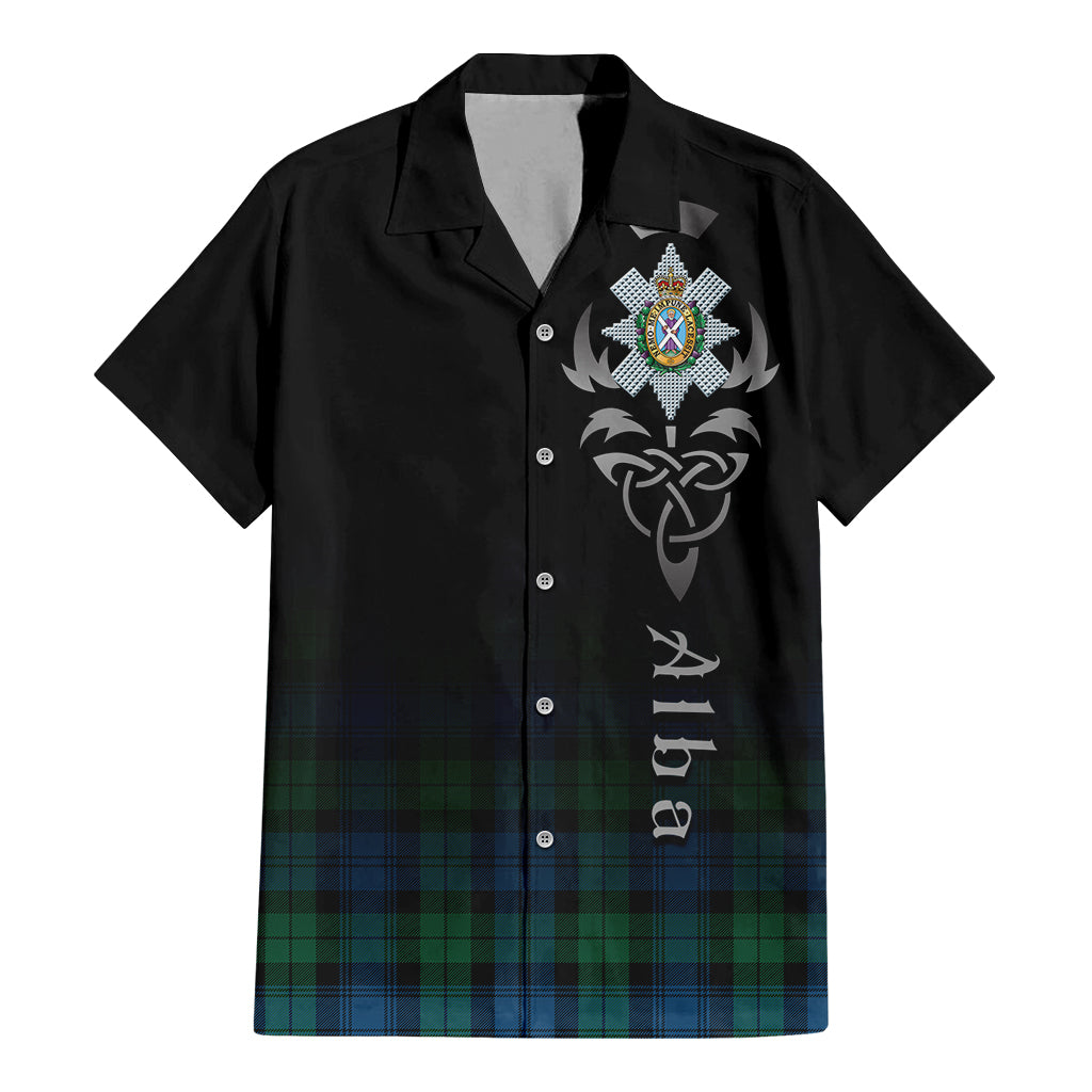 Tartan Vibes Clothing Black Watch Ancient Tartan Short Sleeve Button Up Featuring Alba Gu Brath Family Crest Celtic Inspired