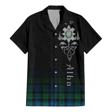 Black Watch Ancient Tartan Short Sleeve Button Up Shirt Featuring Alba Gu Brath Family Crest Celtic Inspired