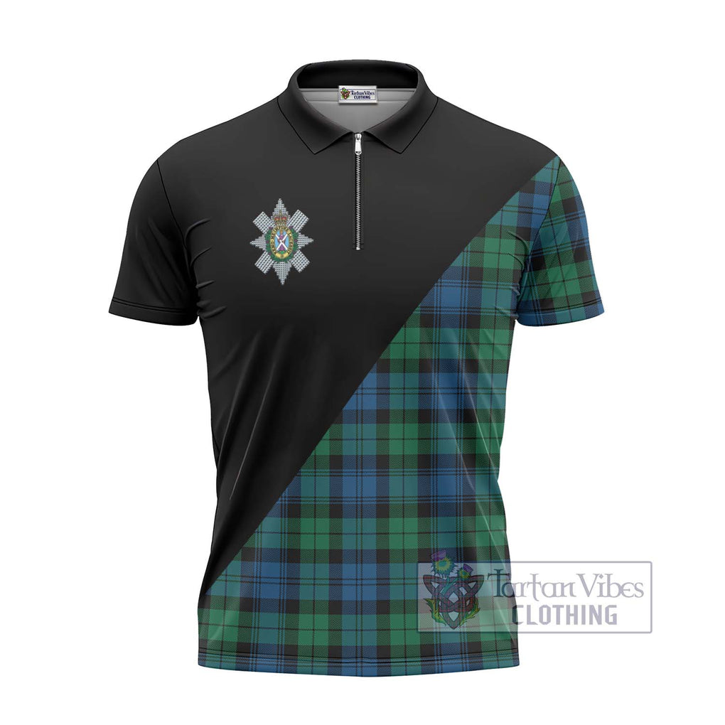 Black Watch Ancient Tartan Zipper Polo Shirt with Family Crest and Military Logo Style - Tartanvibesclothing Shop