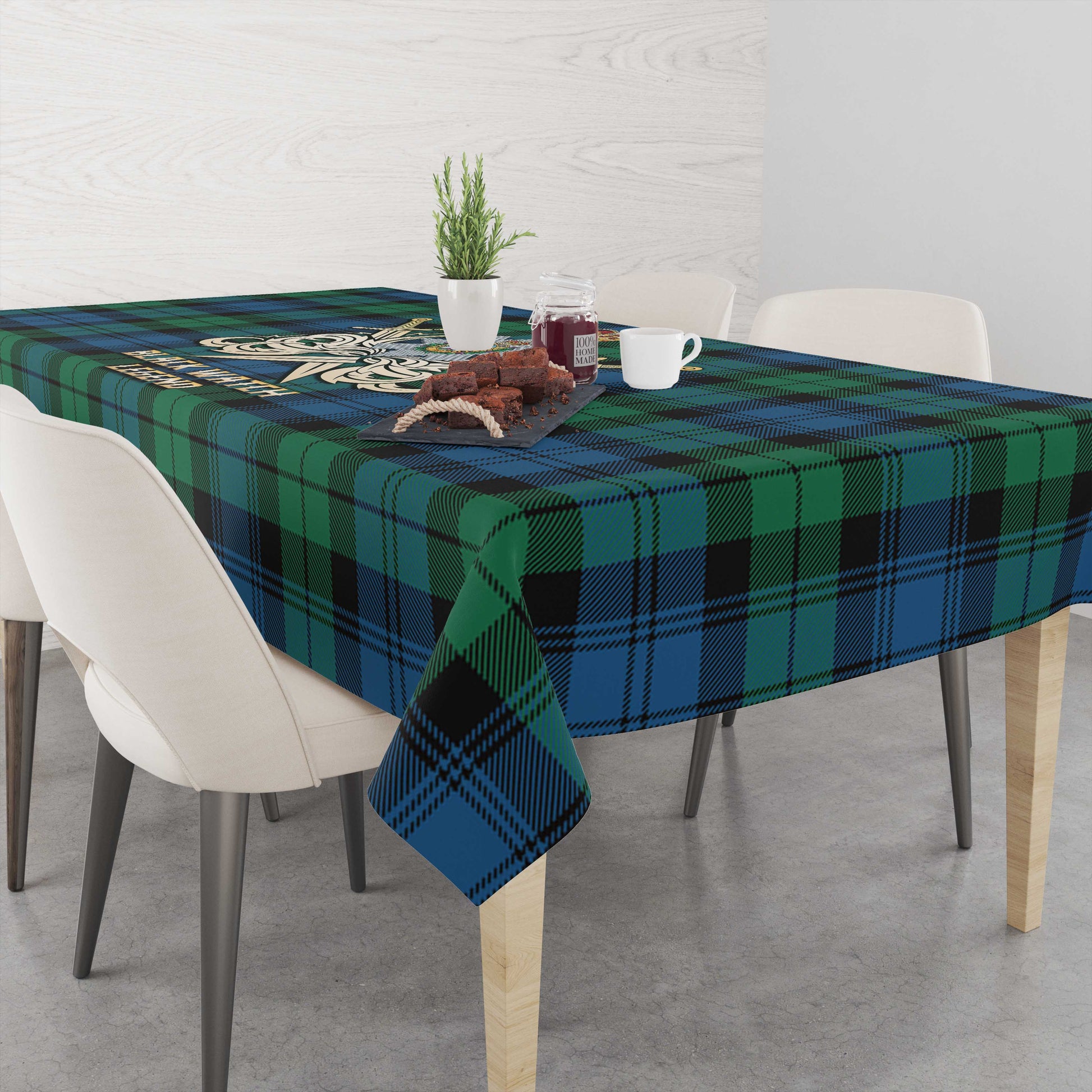 Tartan Vibes Clothing Black Watch Ancient Tartan Tablecloth with Clan Crest and the Golden Sword of Courageous Legacy