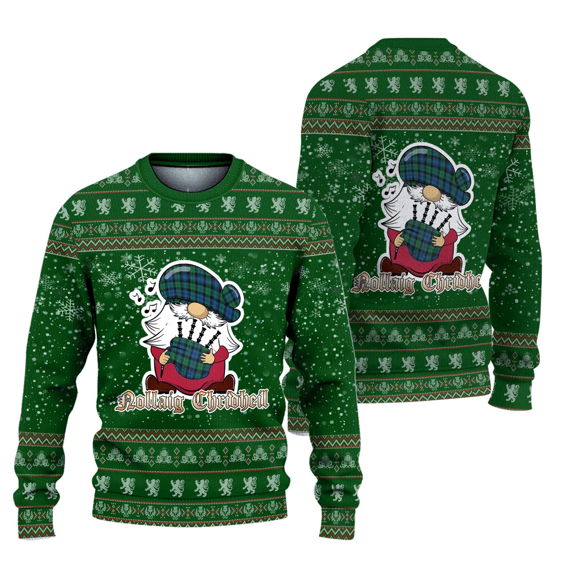 Black Watch Ancient Clan Christmas Family Knitted Sweater with Funny Gnome Playing Bagpipes Unisex Green - Tartanvibesclothing