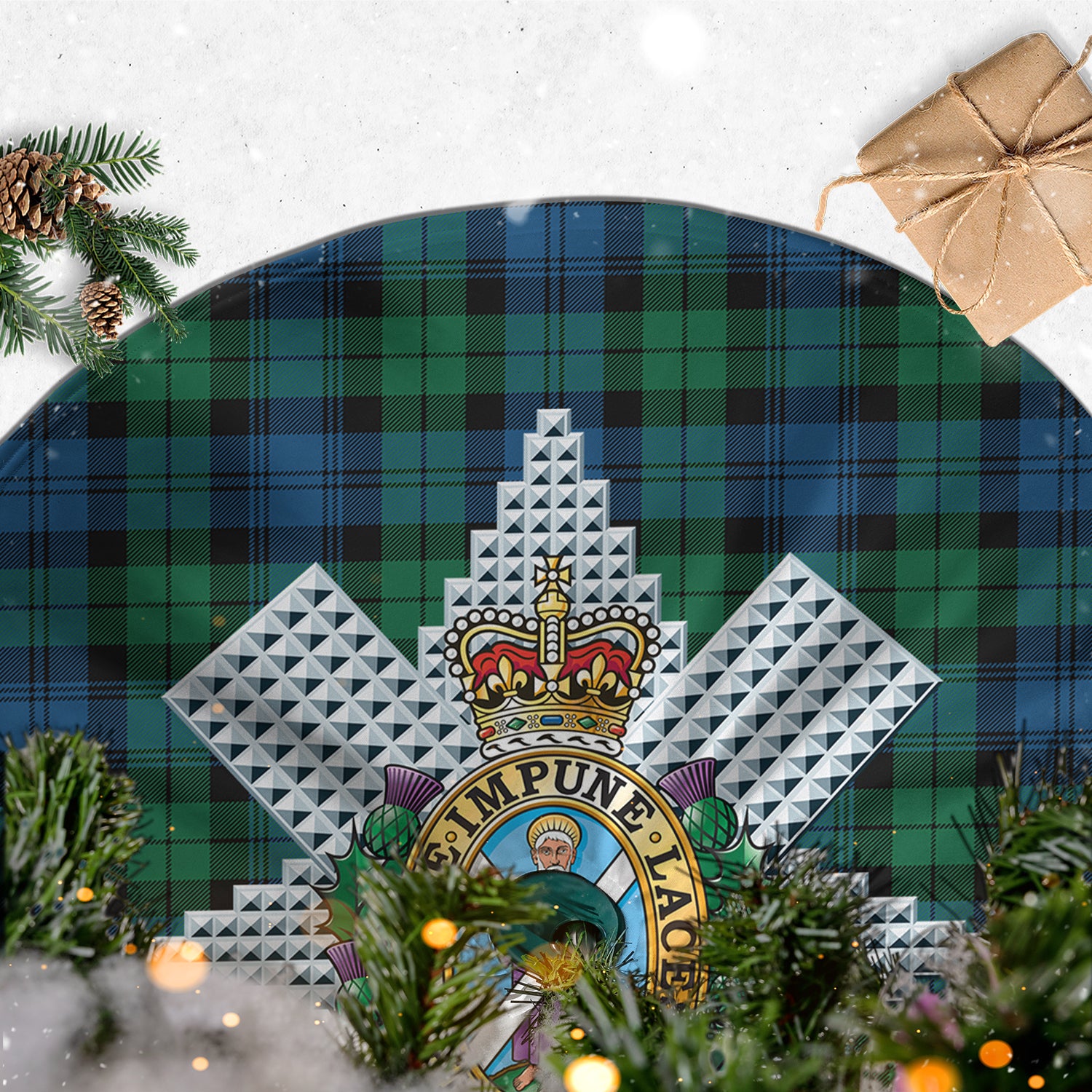 Black Watch Ancient Tartan Christmas Tree Skirt with Family Crest - Tartanvibesclothing