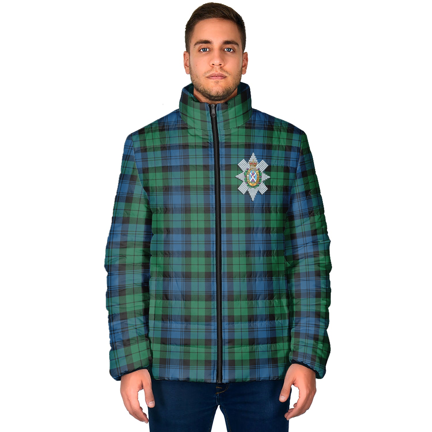 Black Watch Ancient Tartan Padded Jacket with Family Crest - Tartan Vibes Clothing