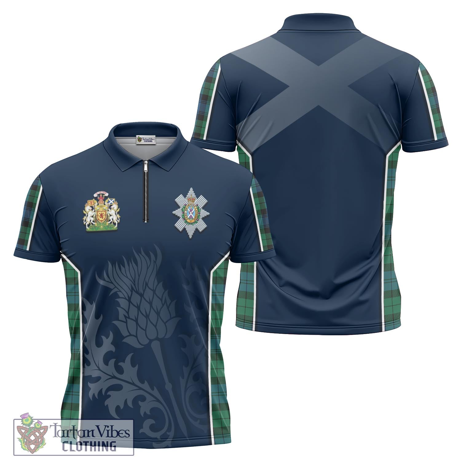 Tartan Vibes Clothing Black Watch Ancient Tartan Zipper Polo Shirt with Family Crest and Scottish Thistle Vibes Sport Style