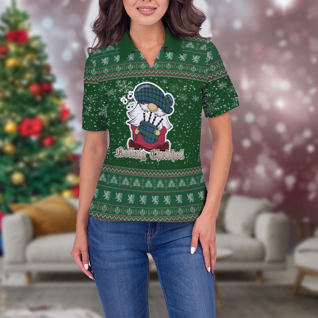Black Watch Ancient Clan Christmas Family Polo Shirt with Funny Gnome Playing Bagpipes Women's Polo Shirt Green - Tartanvibesclothing