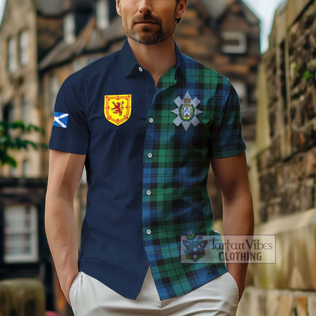 Tartan Vibes Clothing Black Watch Ancient Tartan Short Sleeve Button Shirt with Scottish Lion Royal Arm Half Style