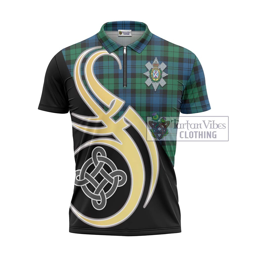 Tartan Vibes Clothing Black Watch Ancient Tartan Zipper Polo Shirt with Family Crest and Celtic Symbol Style