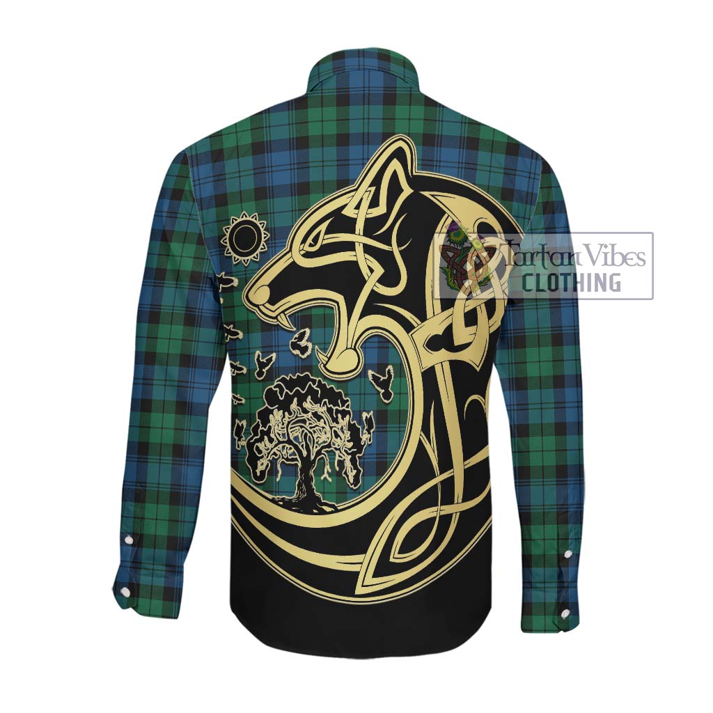 Black Watch Ancient Tartan Long Sleeve Button Shirt with Family Crest Celtic Wolf Style Men's Shirt - Tartan Vibes Clothing