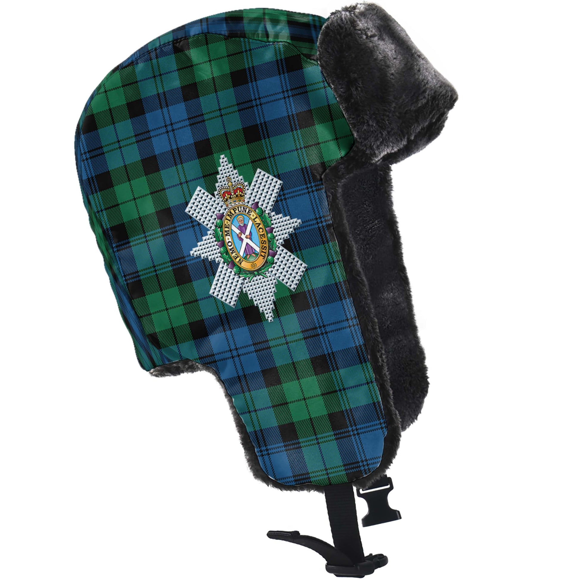 Black Watch Ancient Tartan Winter Trapper Hat with Family Crest - Tartanvibesclothing