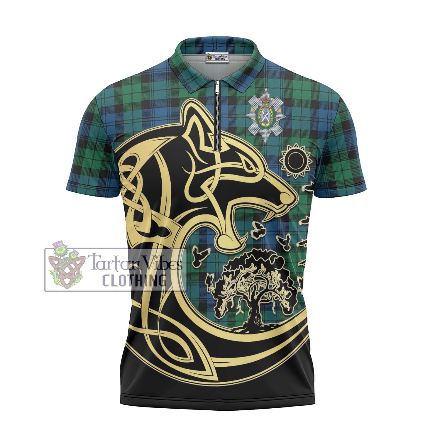 Black Watch Ancient Tartan Zipper Polo Shirt with Family Crest Celtic Wolf Style - Tartanvibesclothing Shop