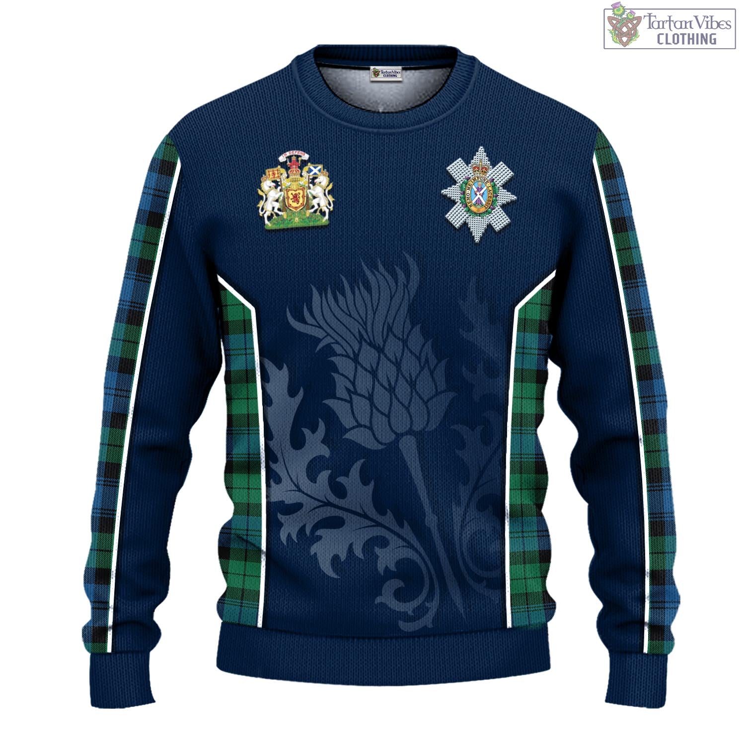 Tartan Vibes Clothing Black Watch Ancient Tartan Knitted Sweatshirt with Family Crest and Scottish Thistle Vibes Sport Style