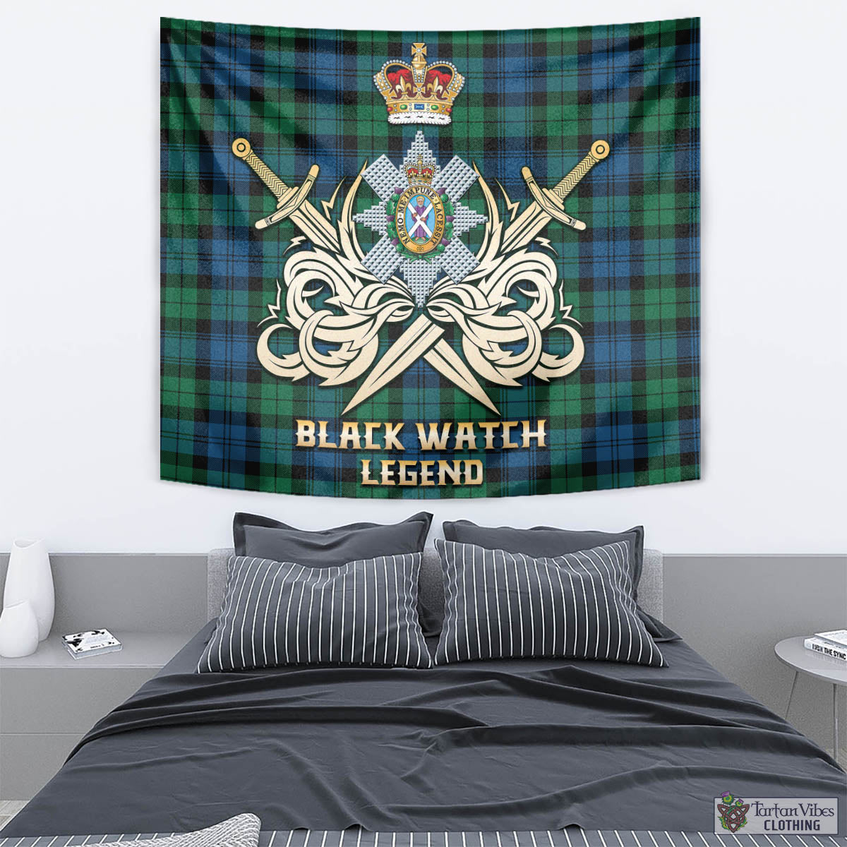 Tartan Vibes Clothing Black Watch Ancient Tartan Tapestry with Clan Crest and the Golden Sword of Courageous Legacy