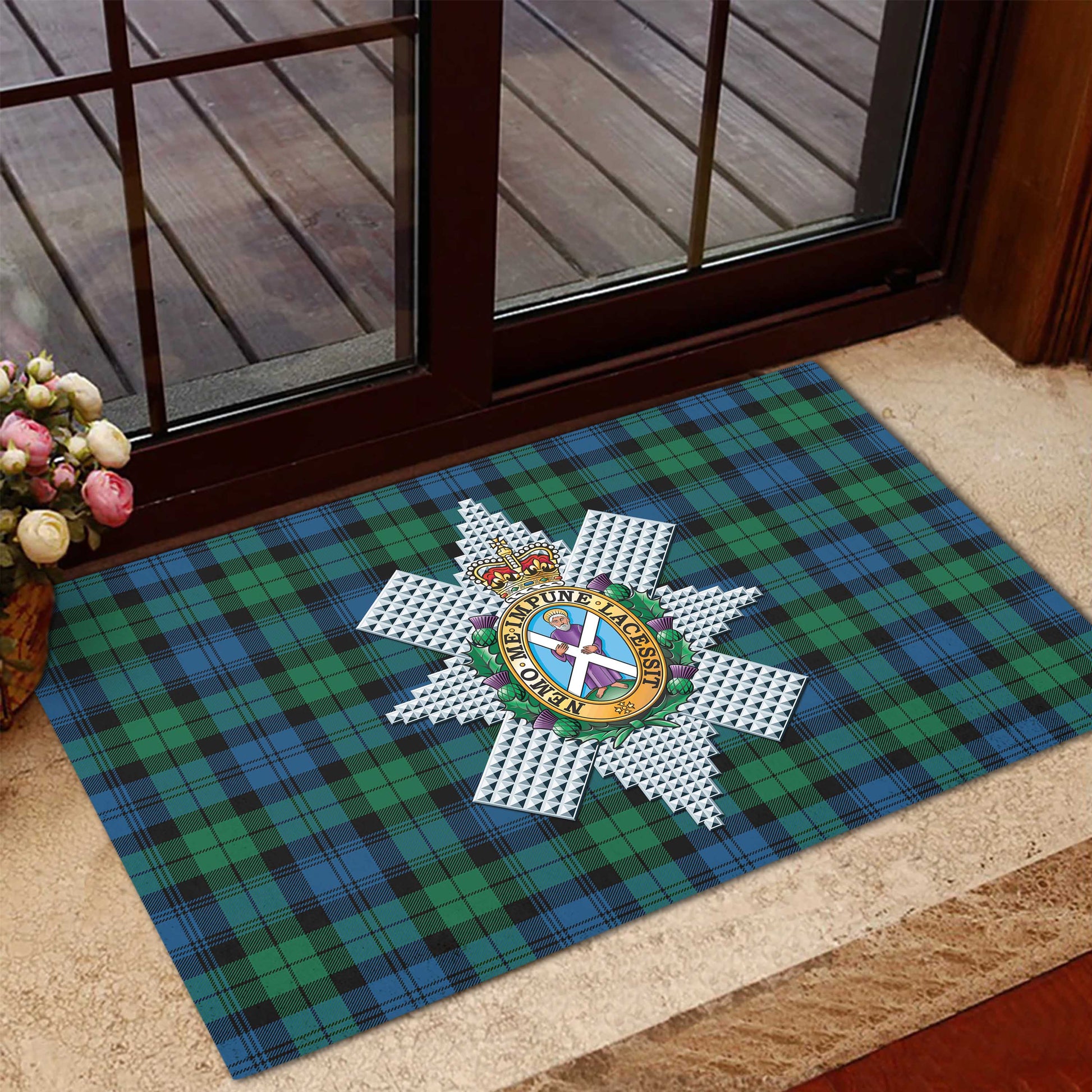 Black Watch Ancient Tartan Door Mat with Family Crest - Tartanvibesclothing