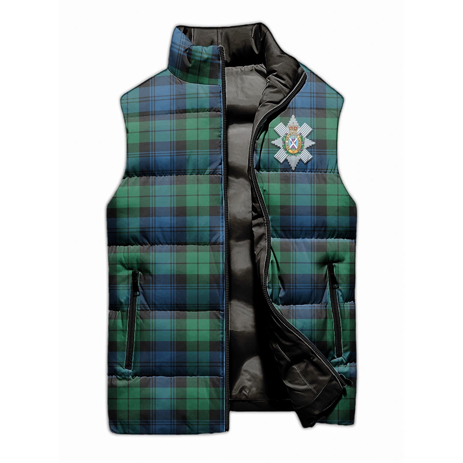 Black Watch Ancient Tartan Sleeveless Puffer Jacket with Family Crest - Tartanvibesclothing