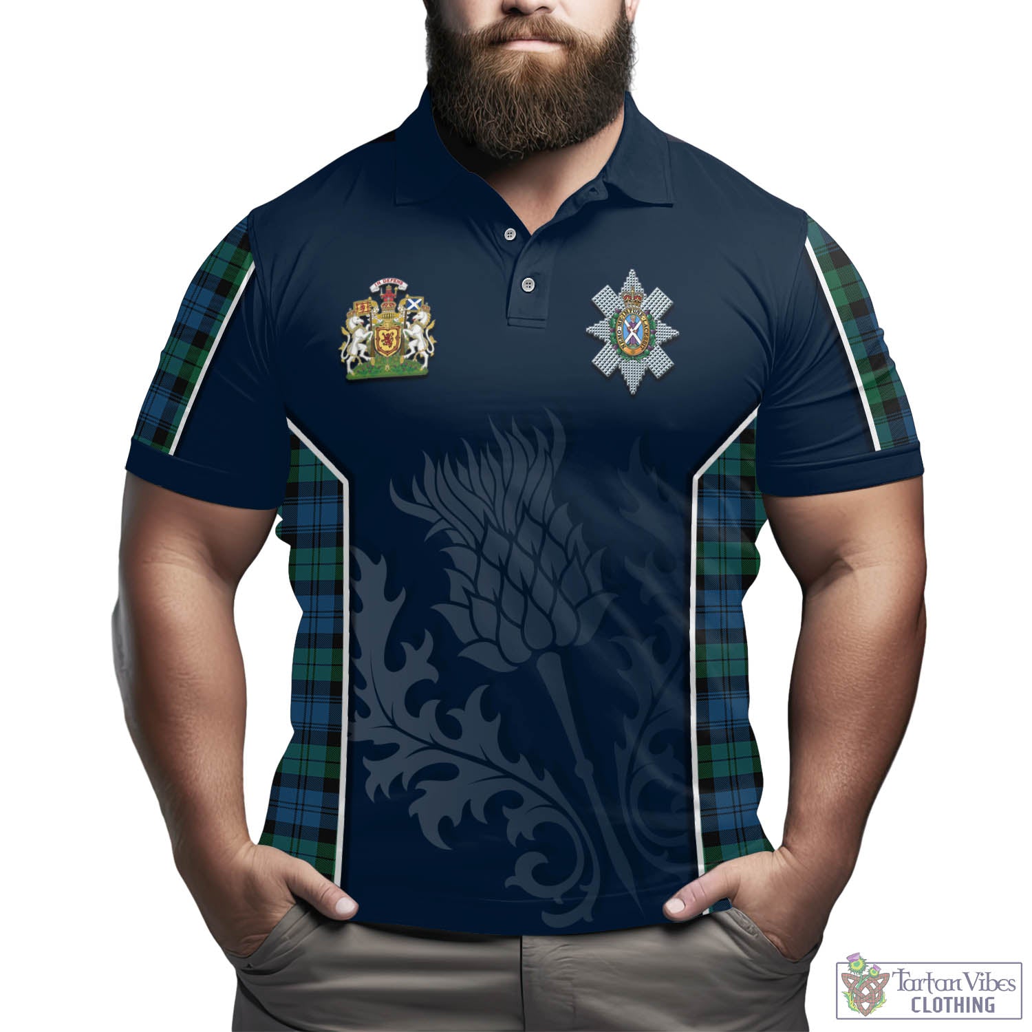 Tartan Vibes Clothing Black Watch Ancient Tartan Men's Polo Shirt with Family Crest and Scottish Thistle Vibes Sport Style