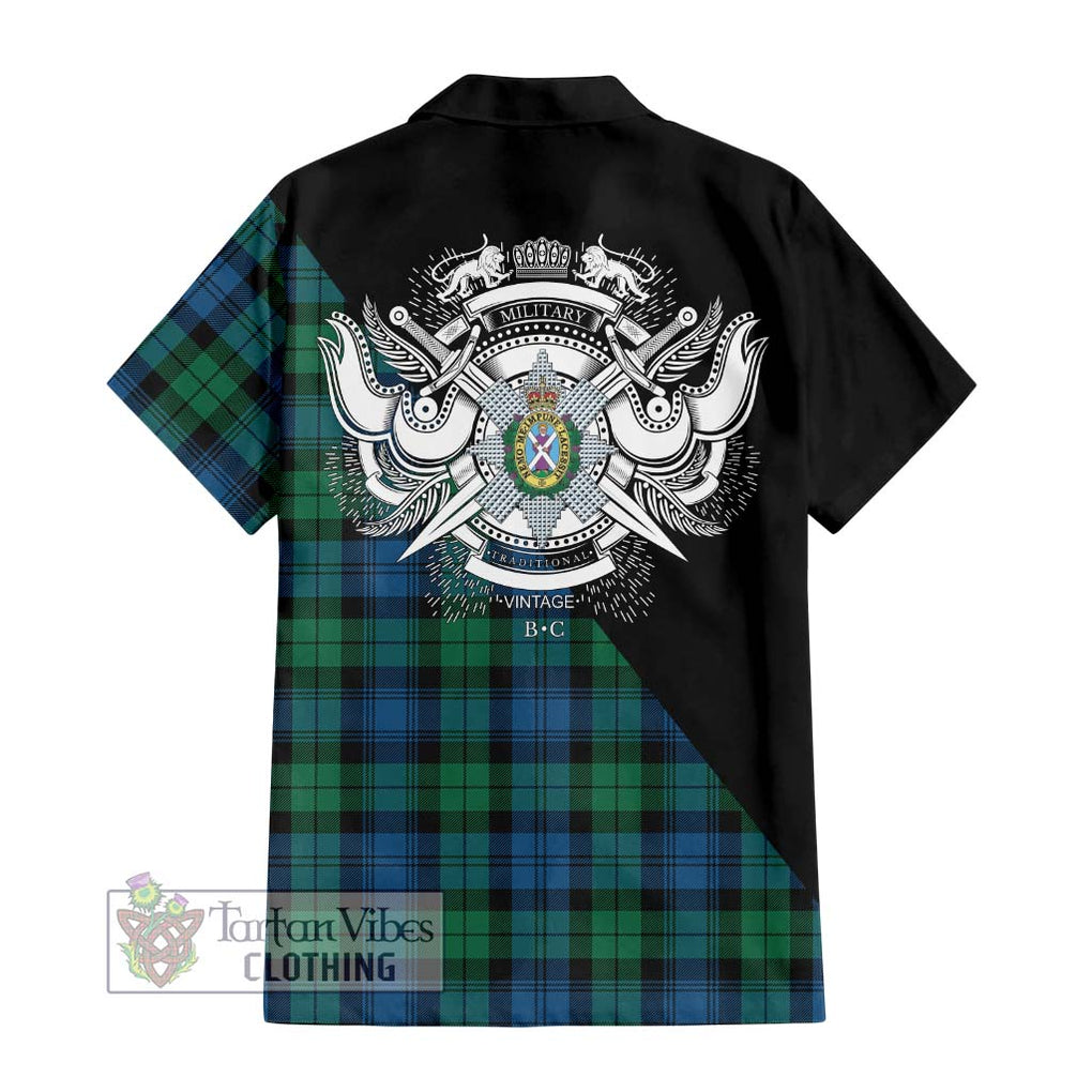 Black Watch Ancient Tartan Short Sleeve Button Shirt with Family Crest and Military Logo Style - Tartanvibesclothing Shop