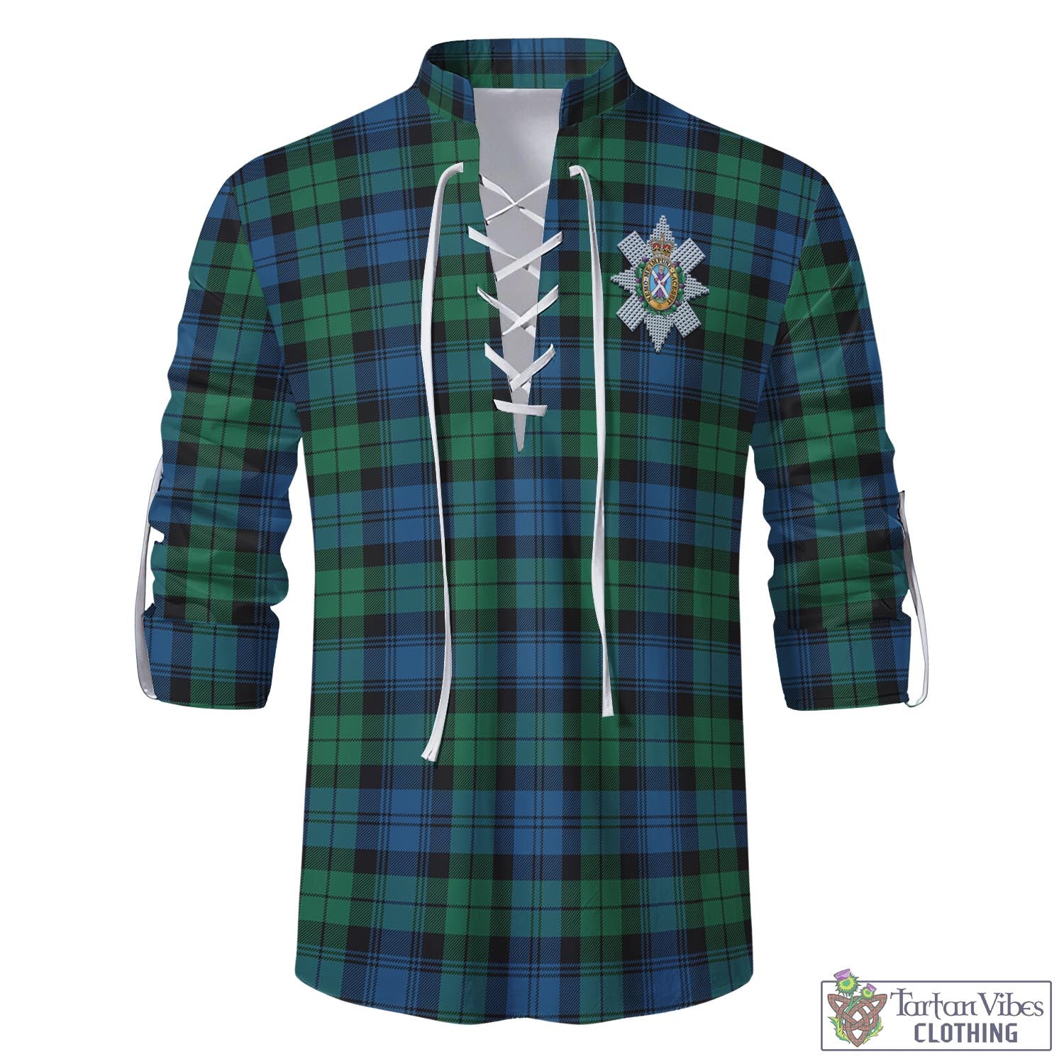 Tartan Vibes Clothing Black Watch Ancient Tartan Men's Scottish Traditional Jacobite Ghillie Kilt Shirt with Family Crest