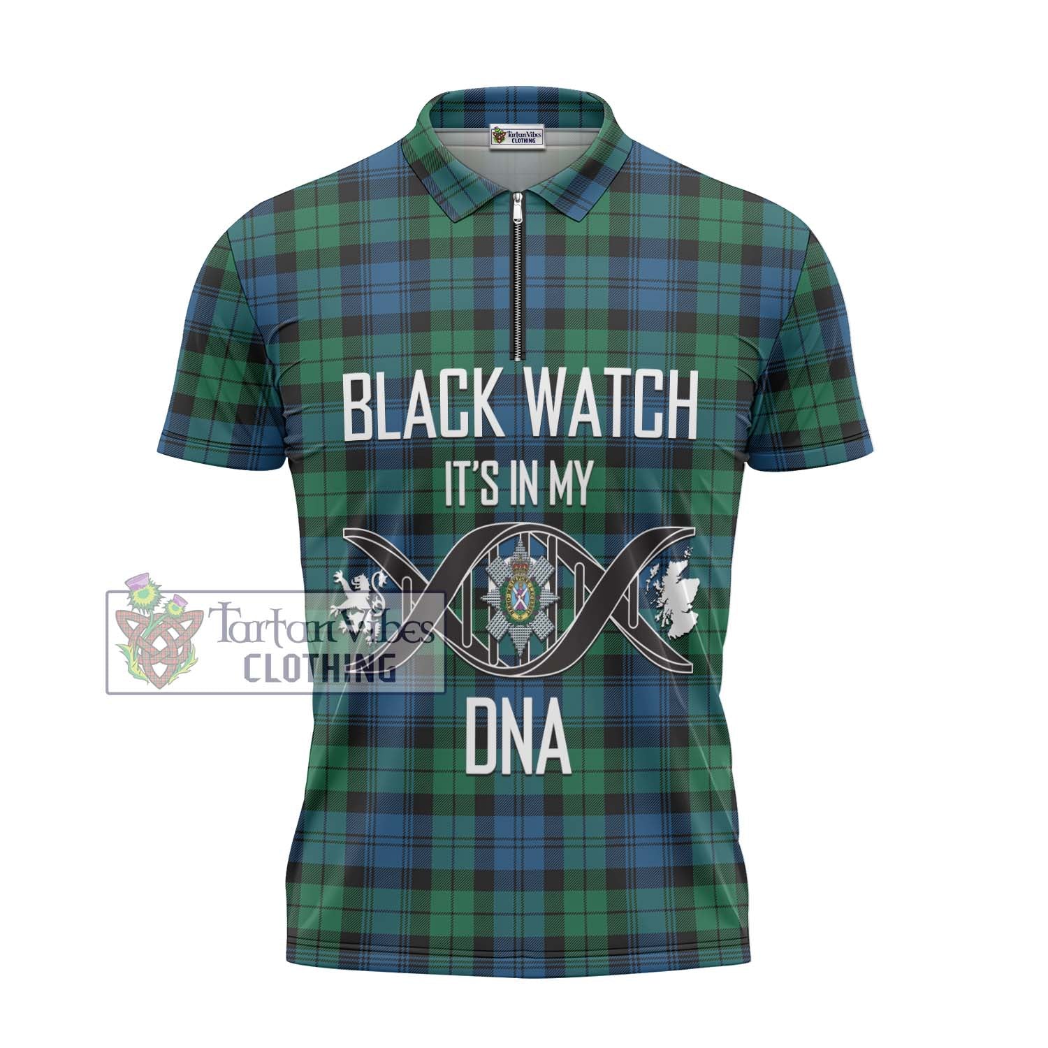 Black Watch Ancient Tartan Zipper Polo Shirt with Family Crest DNA In Me Style - Tartanvibesclothing Shop