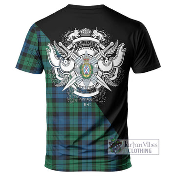 Black Watch Ancient Tartan T-Shirt with Family Crest and Military Logo Style