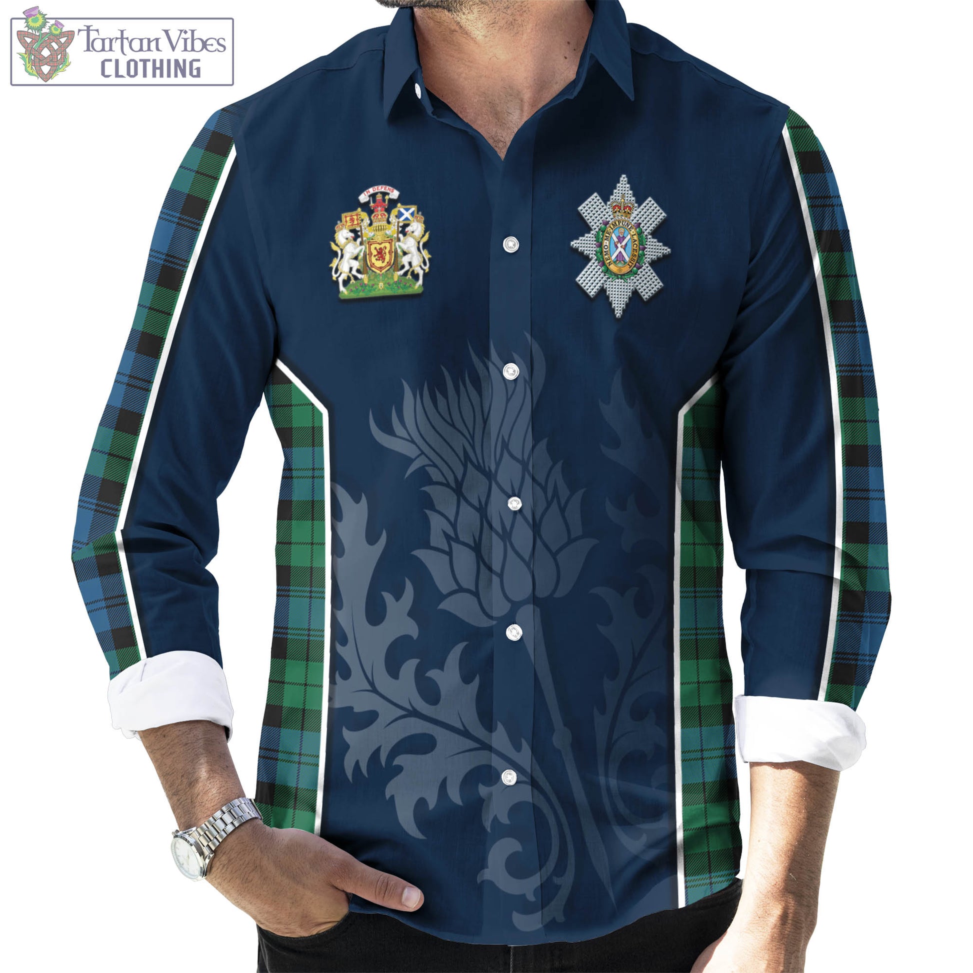 Tartan Vibes Clothing Black Watch Ancient Tartan Long Sleeve Button Up Shirt with Family Crest and Scottish Thistle Vibes Sport Style