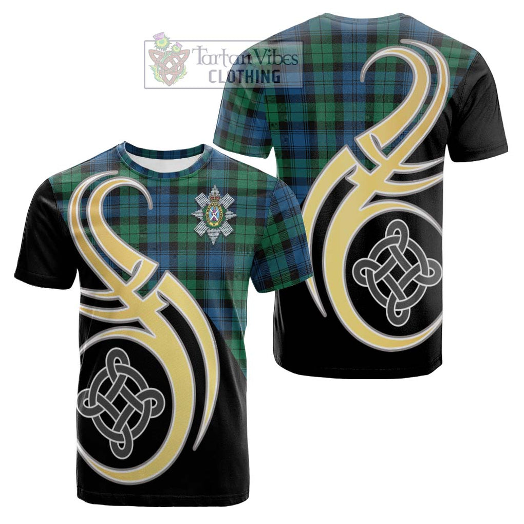 Tartan Vibes Clothing Black Watch Ancient Tartan Cotton T-shirt with Family Crest and Celtic Symbol Style