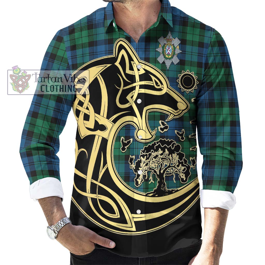 Black Watch Ancient Tartan Long Sleeve Button Shirt with Family Crest Celtic Wolf Style - Tartan Vibes Clothing