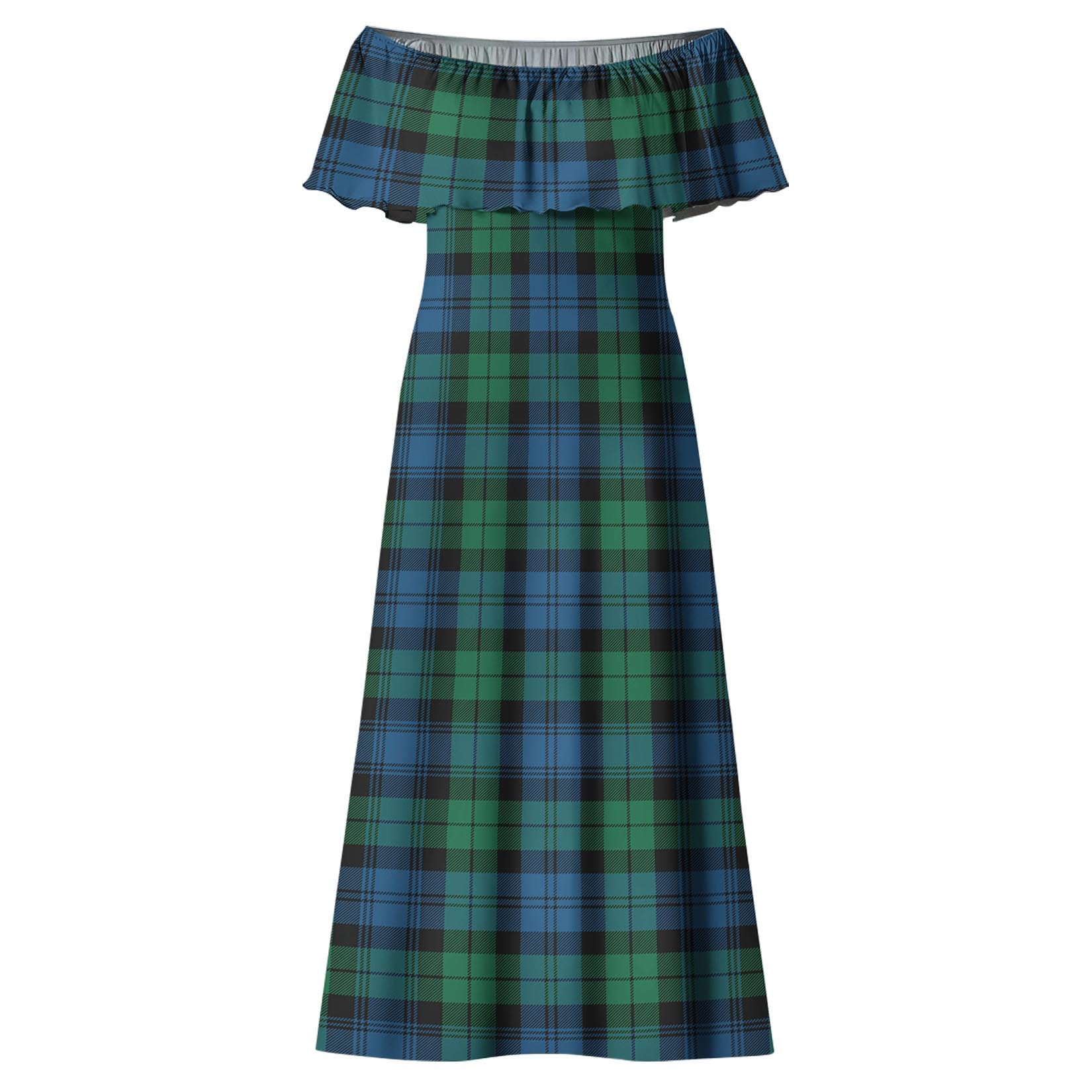 Black Watch Ancient Tartan Off Shoulder Long Dress - Tartanvibesclothing