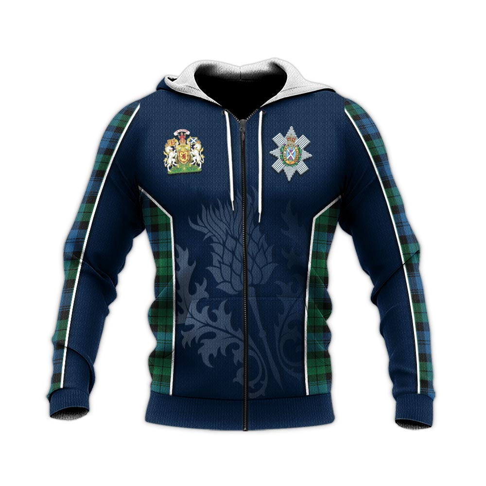 Tartan Vibes Clothing Black Watch Ancient Tartan Knitted Hoodie with Family Crest and Scottish Thistle Vibes Sport Style