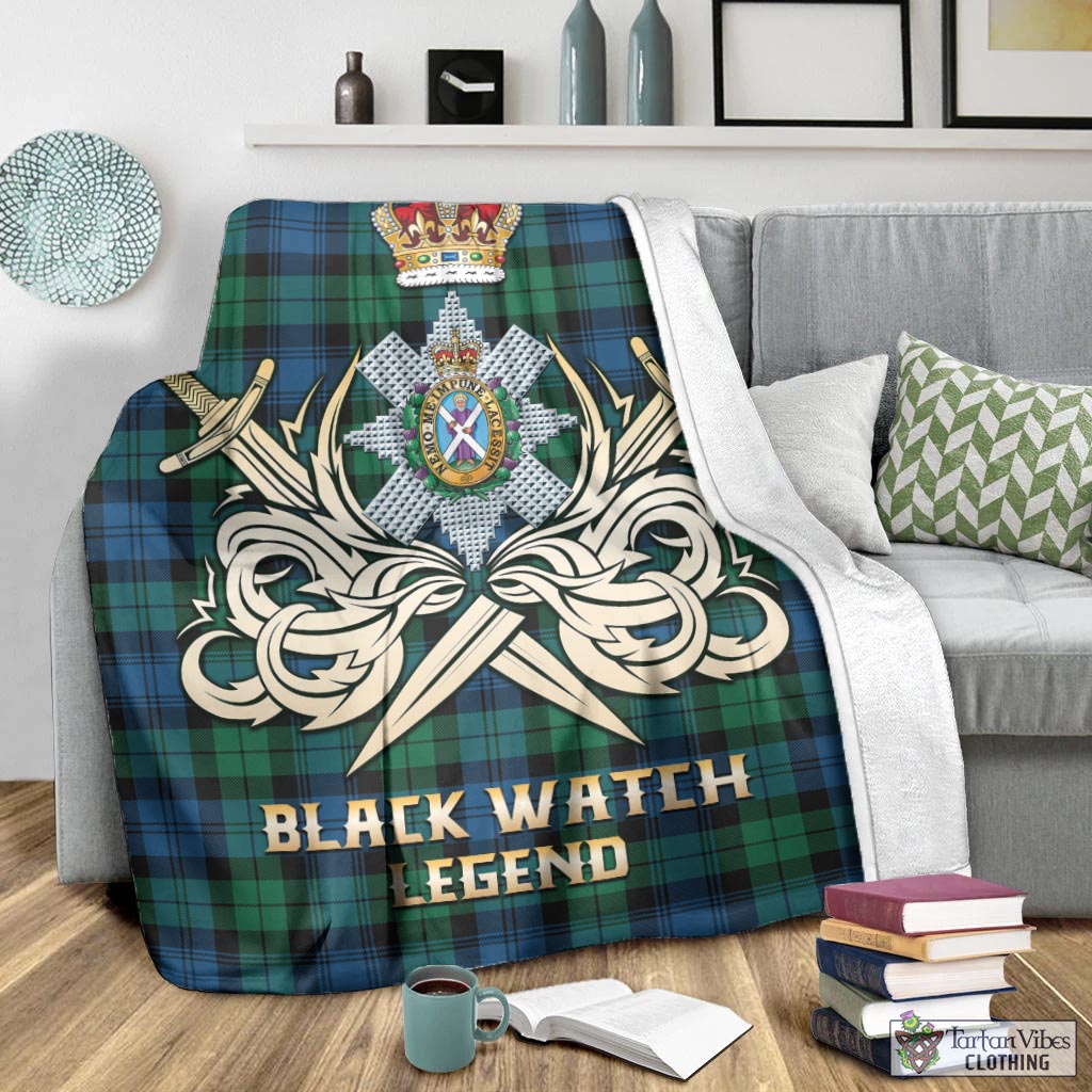 Tartan Vibes Clothing Black Watch Ancient Tartan Blanket with Clan Crest and the Golden Sword of Courageous Legacy