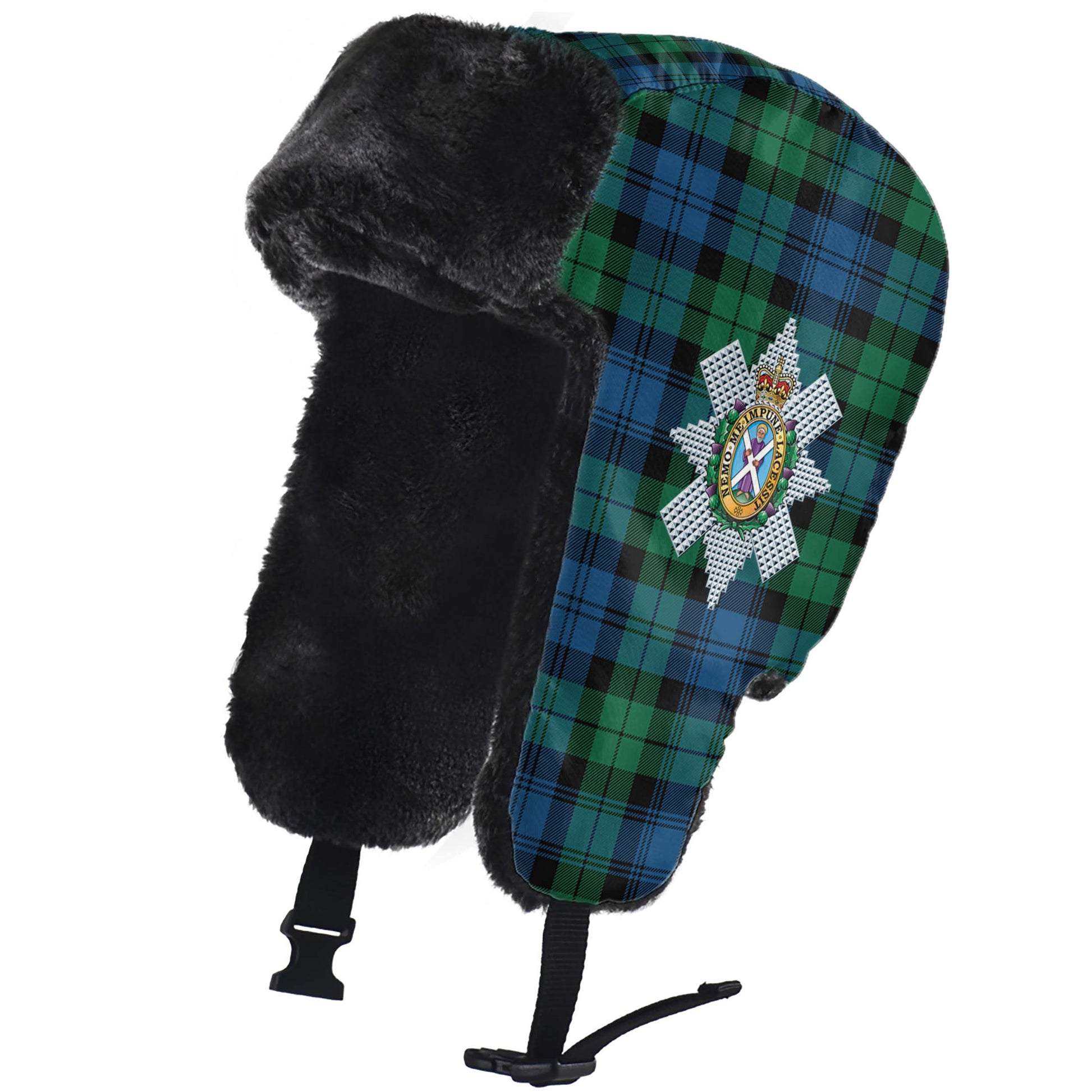 Black Watch Ancient Tartan Winter Trapper Hat with Family Crest - Tartanvibesclothing