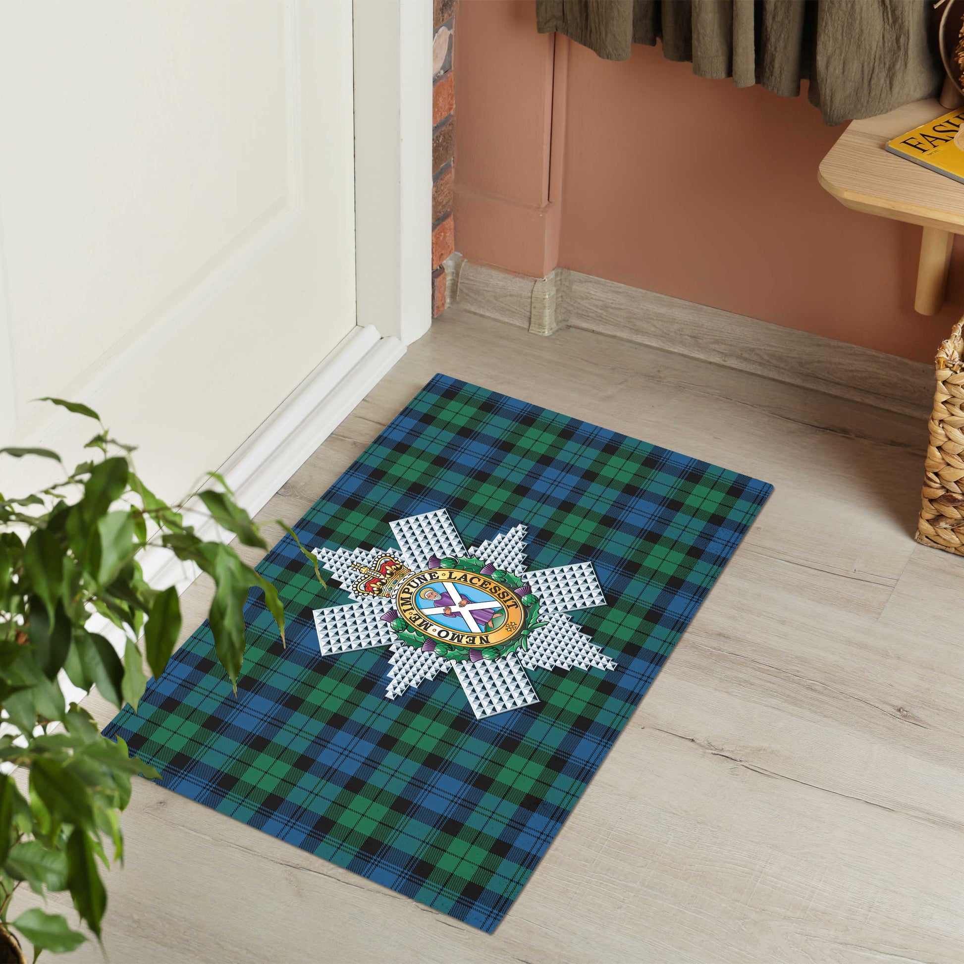 Black Watch Ancient Tartan Door Mat with Family Crest - Tartanvibesclothing