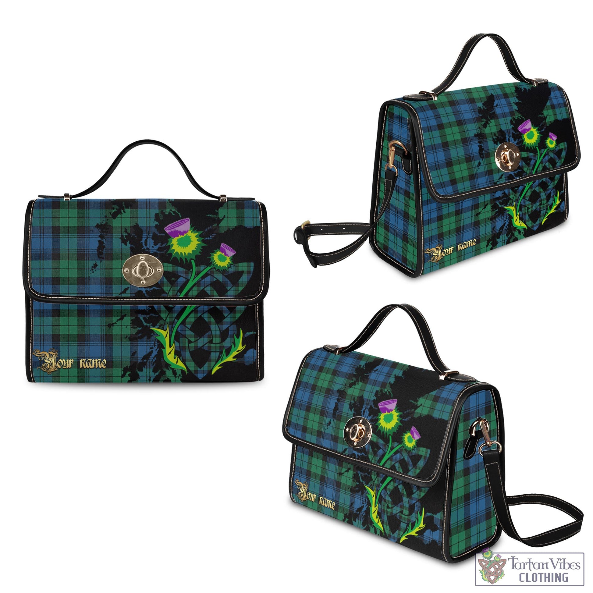 Tartan Vibes Clothing Black Watch Ancient Tartan Waterproof Canvas Bag with Scotland Map and Thistle Celtic Accents