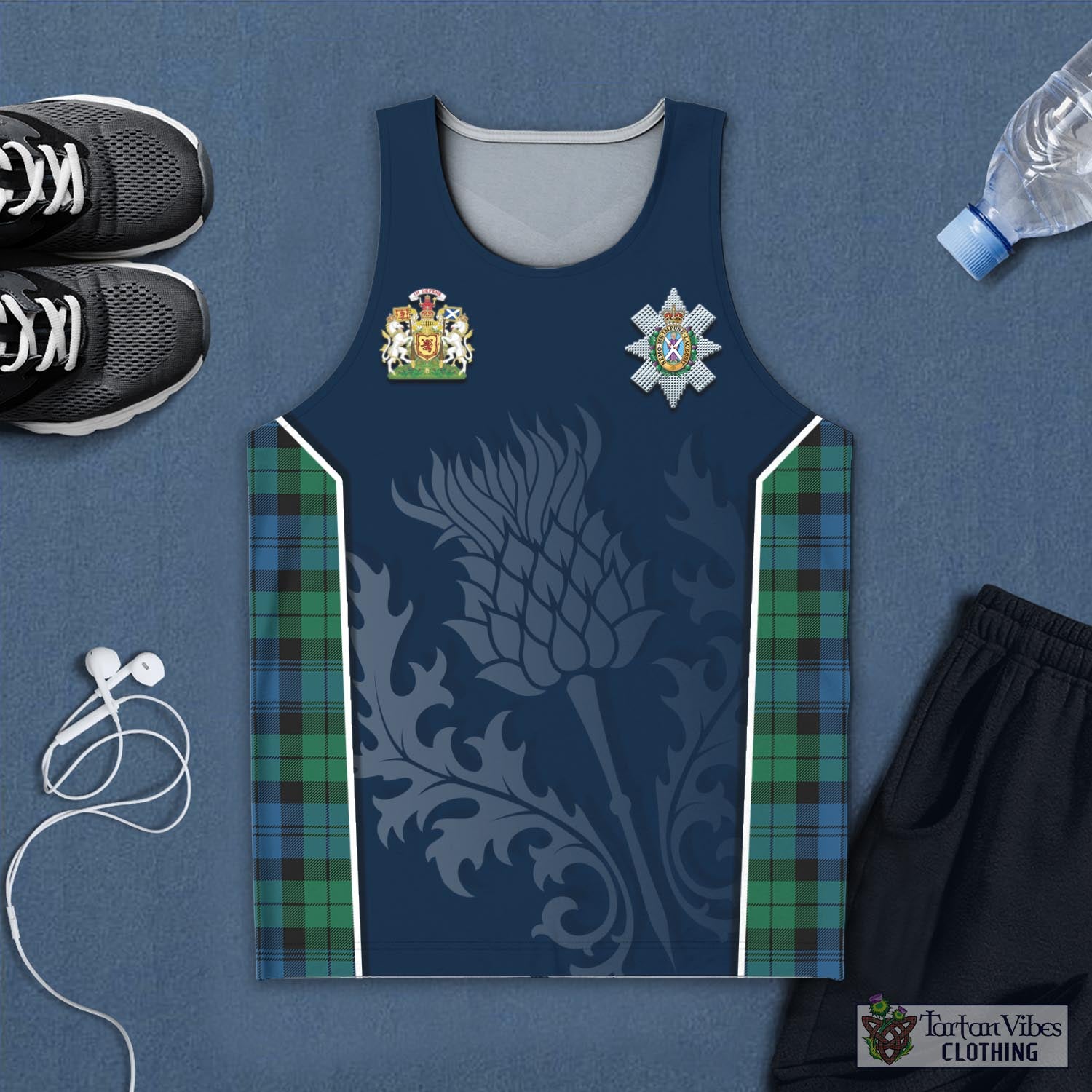 Tartan Vibes Clothing Black Watch Ancient Tartan Men's Tanks Top with Family Crest and Scottish Thistle Vibes Sport Style