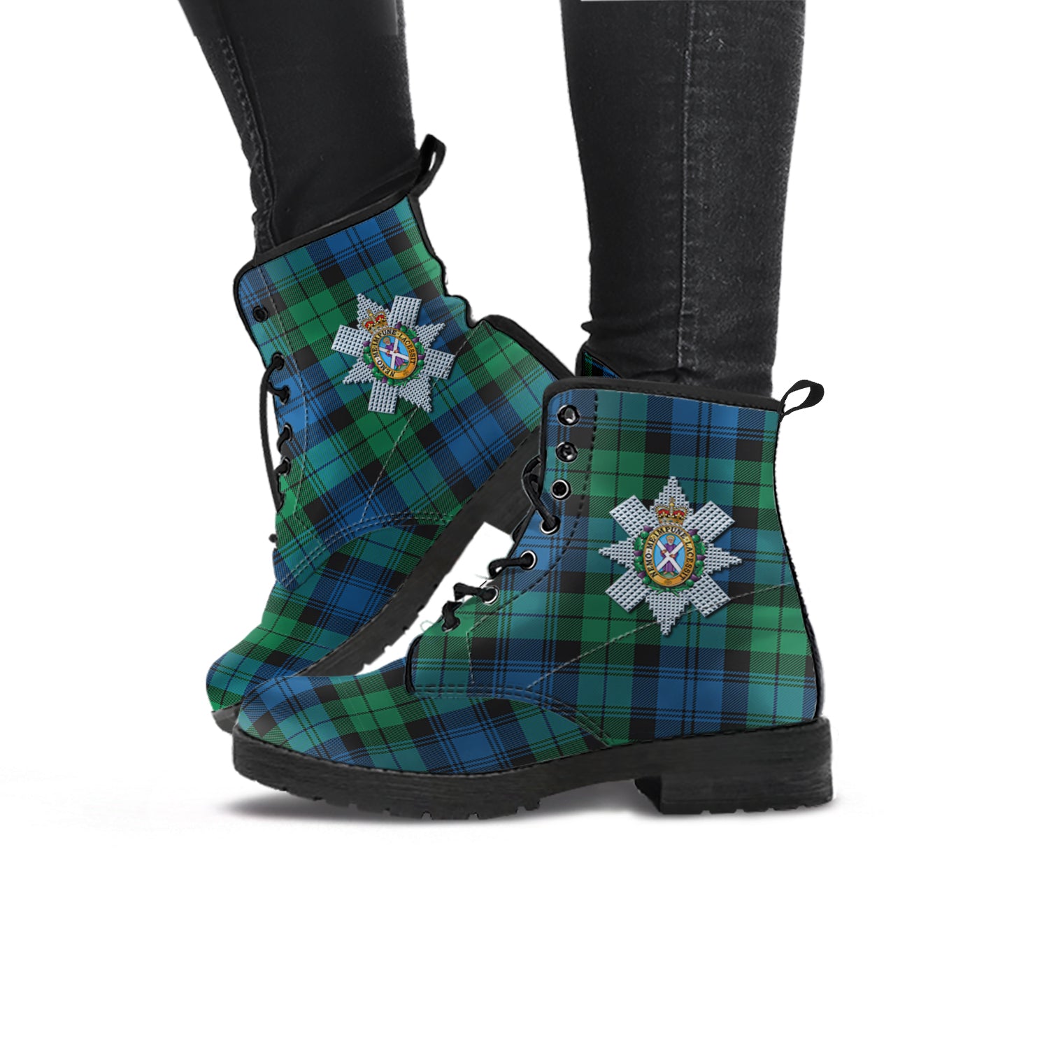 Black Watch Ancient Tartan Leather Boots with Family Crest - Tartanvibesclothing