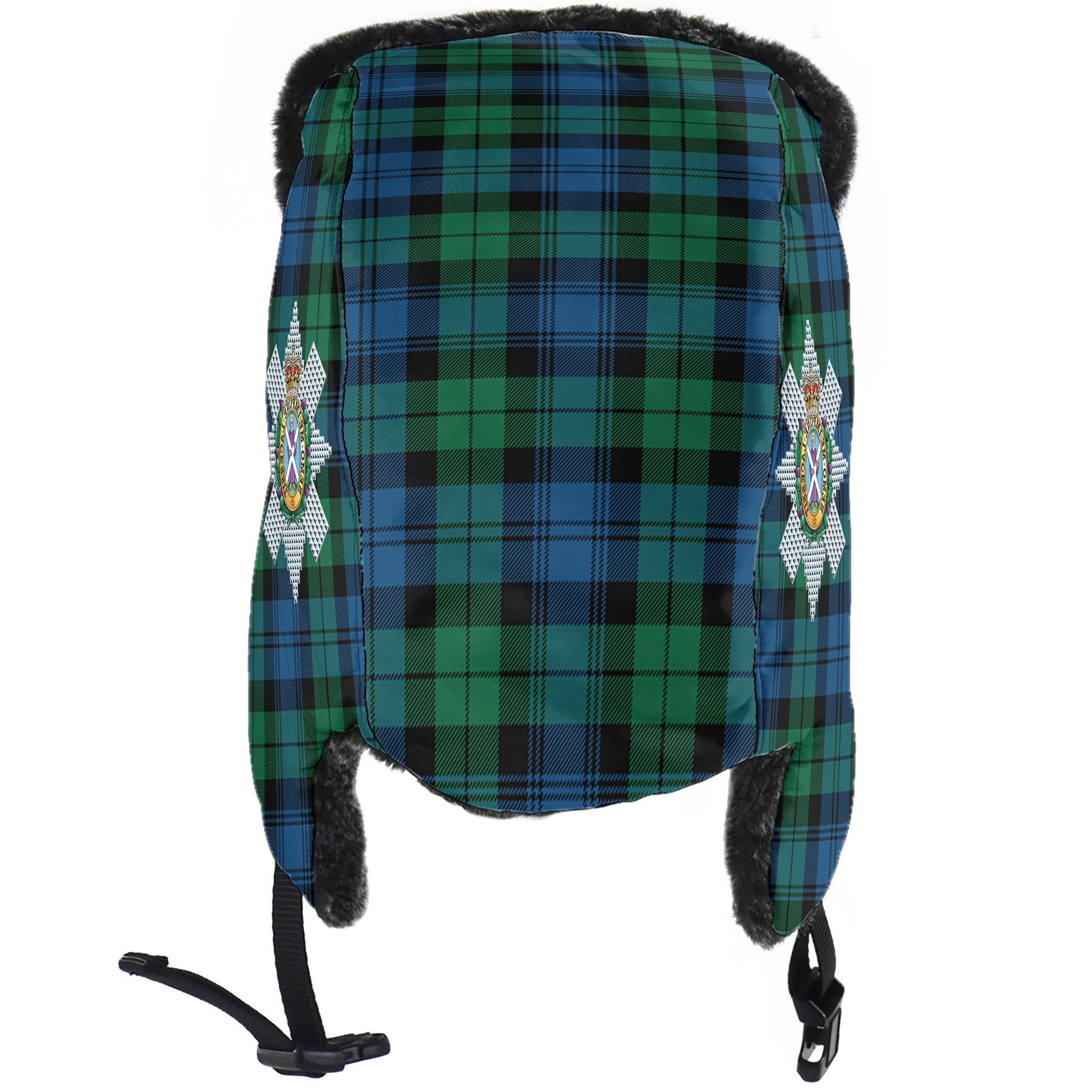 Black Watch Ancient Tartan Winter Trapper Hat with Family Crest - Tartanvibesclothing