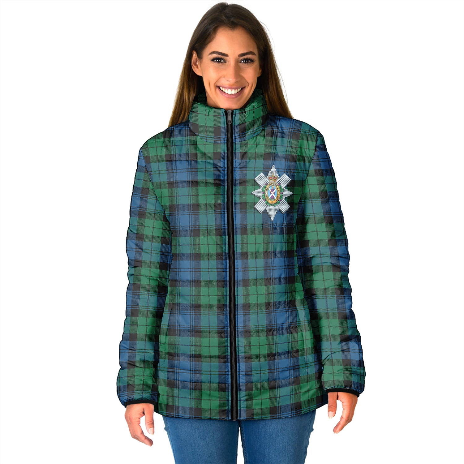 Black Watch Ancient Tartan Padded Jacket with Family Crest - Tartanvibesclothing