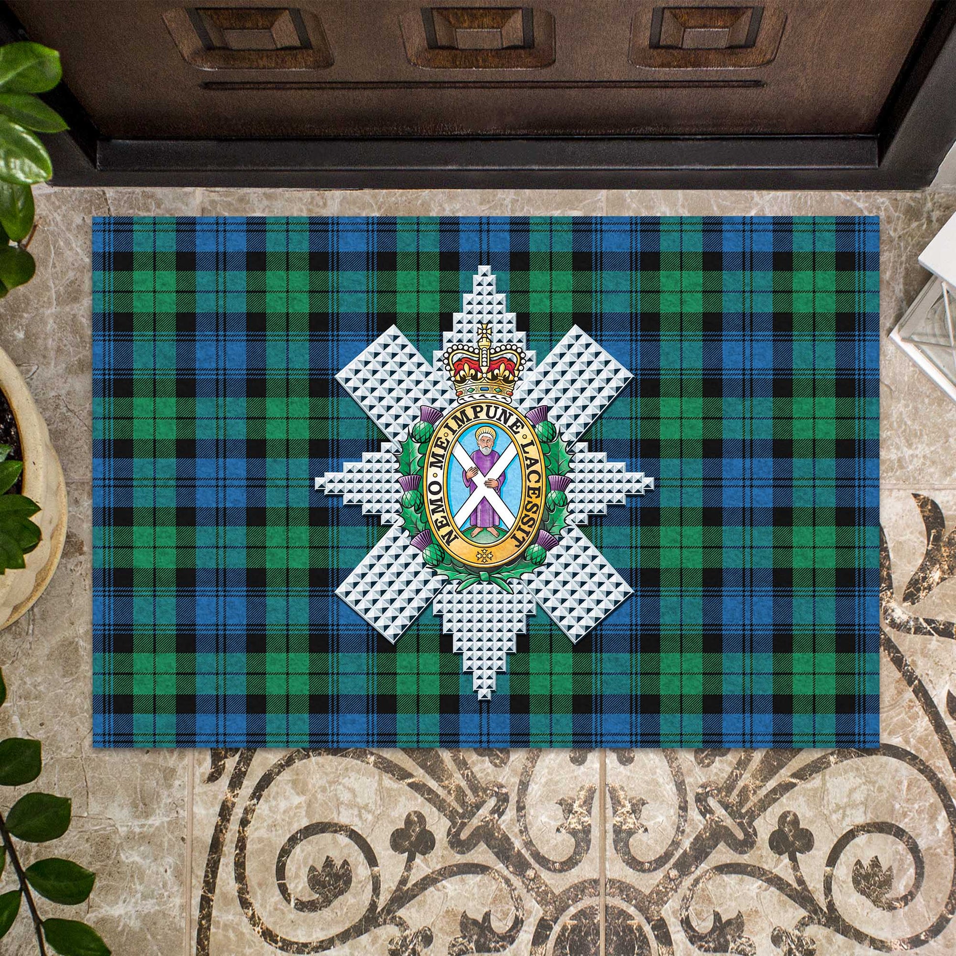 Black Watch Ancient Tartan Door Mat with Family Crest - Tartanvibesclothing