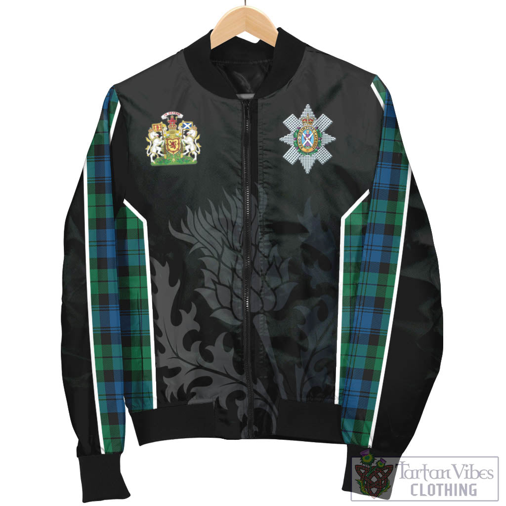 Tartan Vibes Clothing Black Watch Ancient Tartan Bomber Jacket with Family Crest and Scottish Thistle Vibes Sport Style